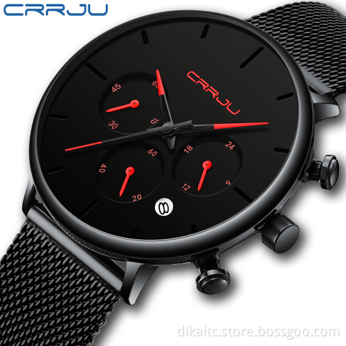 CRRJU Mens Business Dress Watches Luxury Casual Waterproof Sport Watch Men 3 eyes Dial Quartz Slim Mesh Watch Relogio Masculino